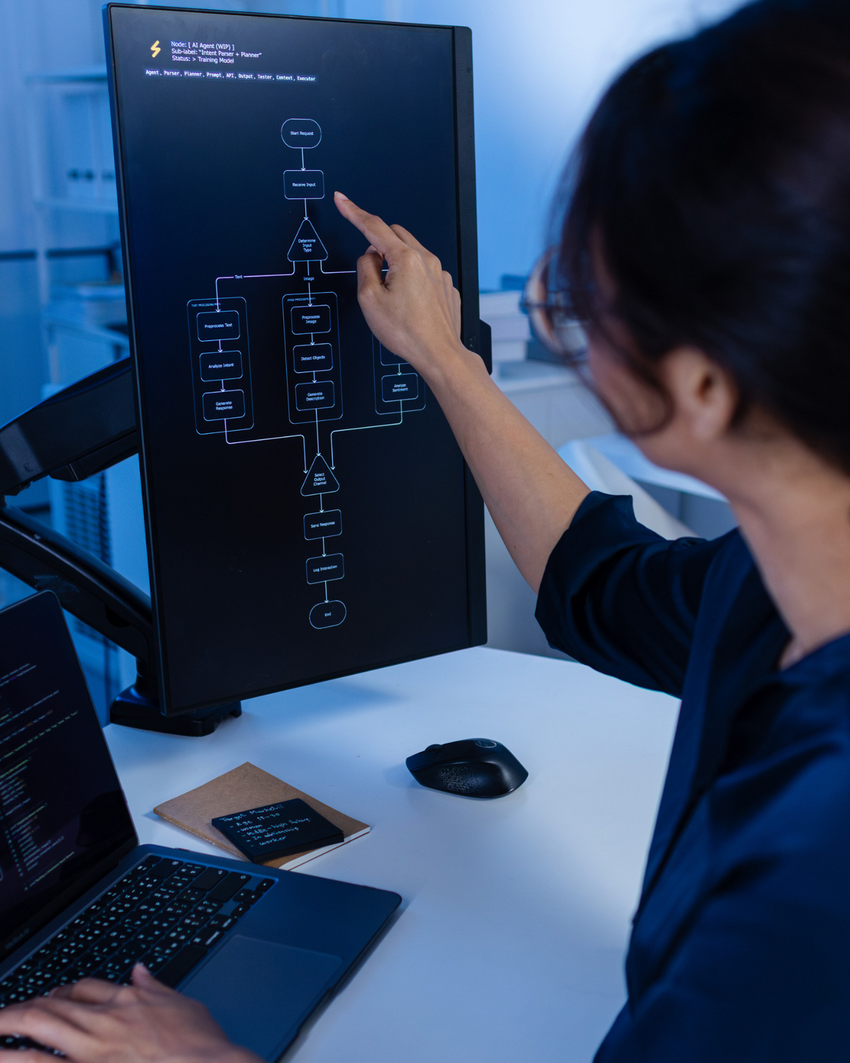A woman in a dark navy shirt points at a flowchart displayed on a large black monitor on a white desk. A laptop, mouse, and notebook are visible in the office setting.